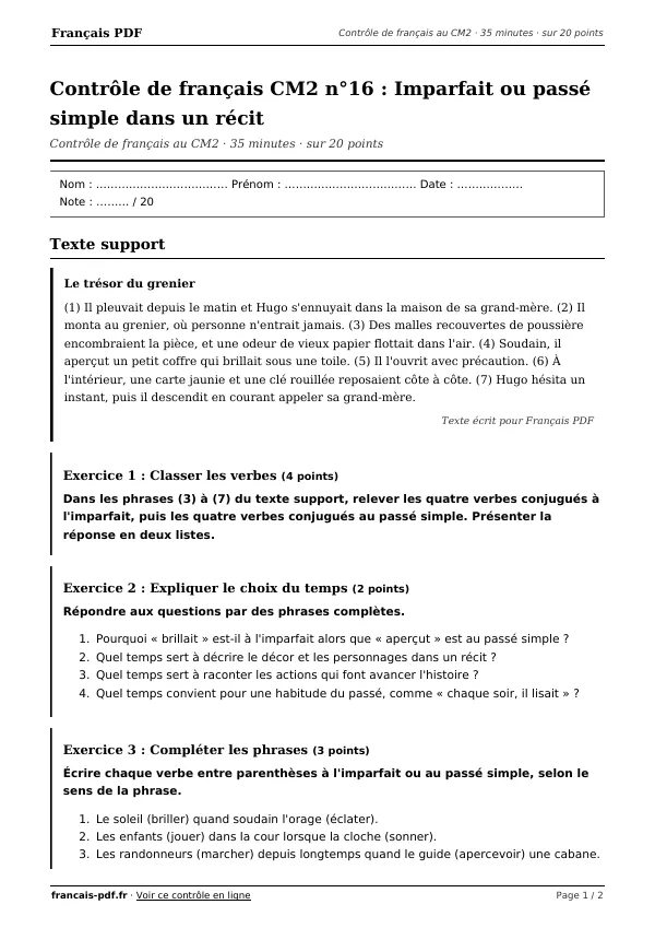 Contrôle de français CM2 n°16 en PDF
