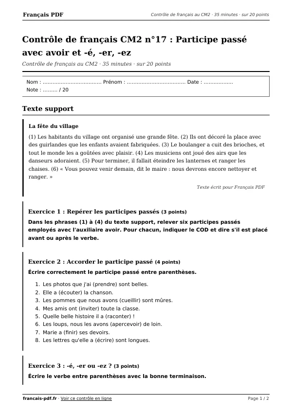 Contrôle de français CM2 n°17 en PDF
