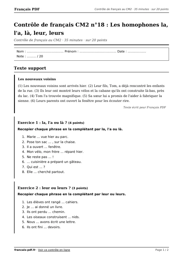 Contrôle de français CM2 n°18 en PDF