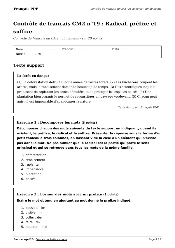 Contrôle de français CM2 n°19 en PDF