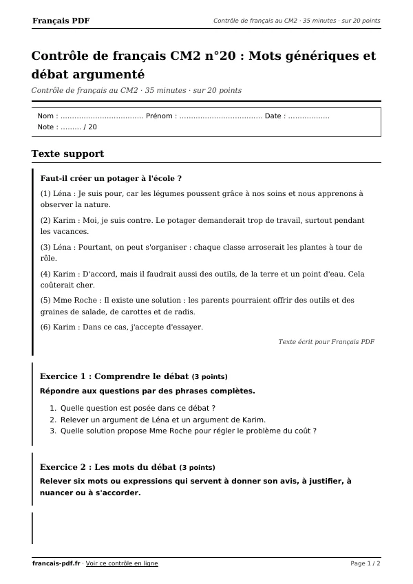Contrôle de français CM2 n°20 en PDF