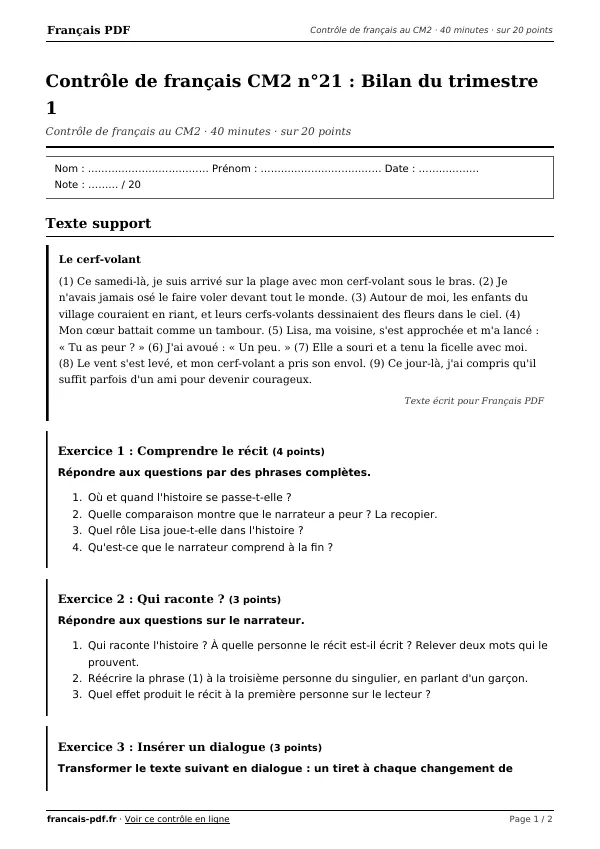 Contrôle de français CM2 n°21 en PDF