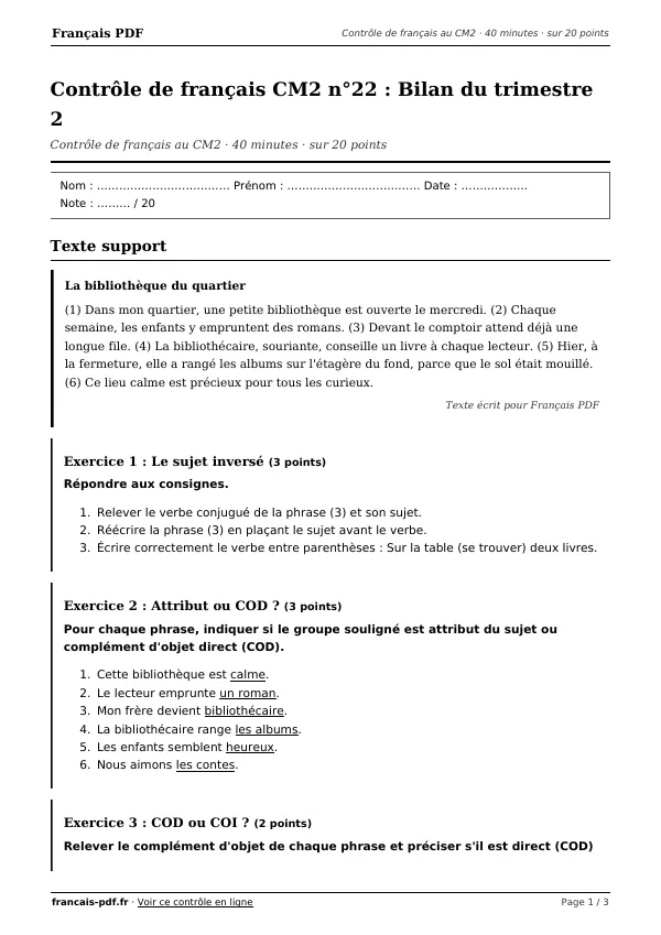 Contrôle de français CM2 n°22 en PDF