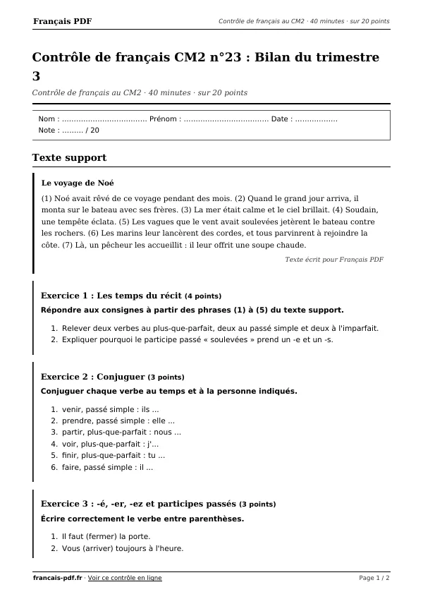 Contrôle de français CM2 n°23 en PDF