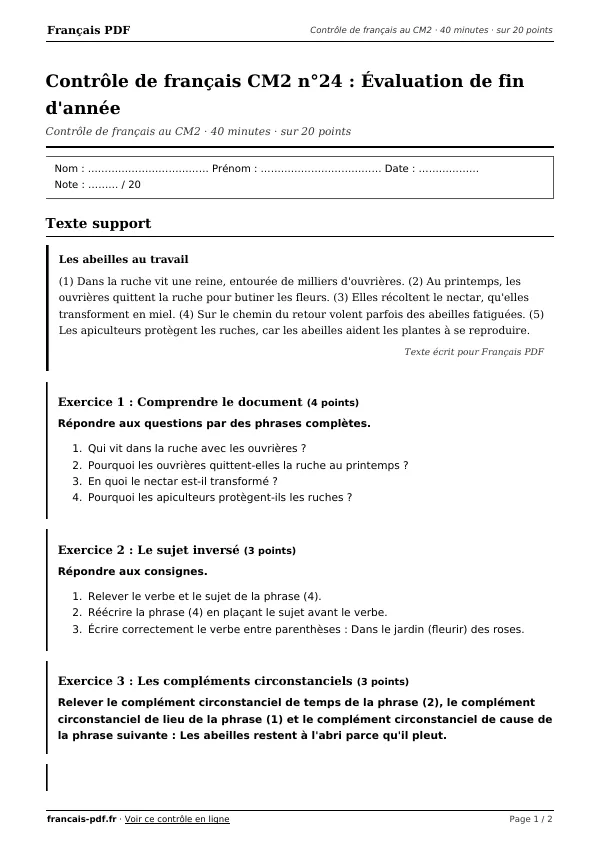 Contrôle de français CM2 n°24 en PDF