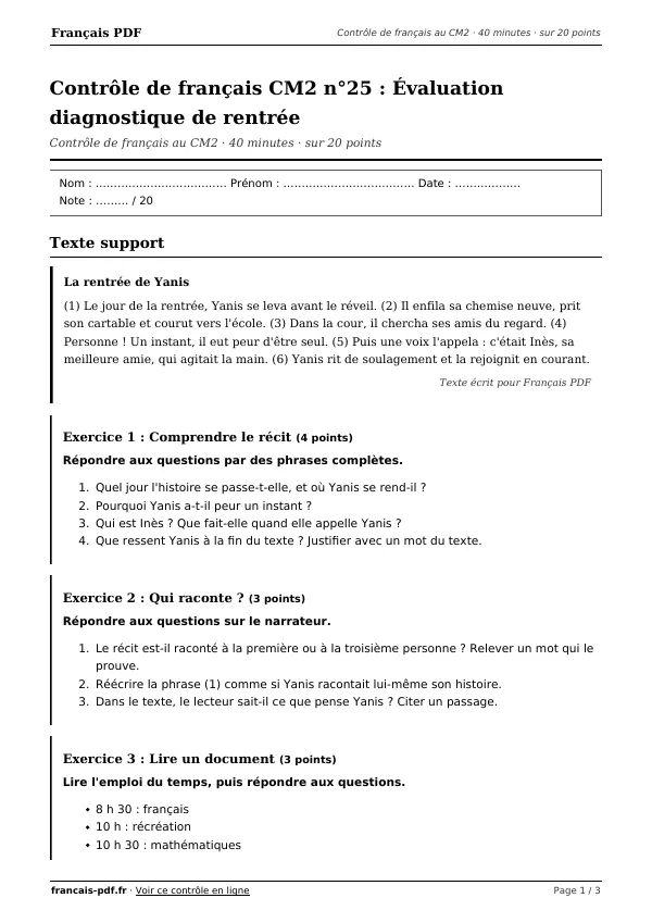 Contrôle de français CM2 n°25 en PDF