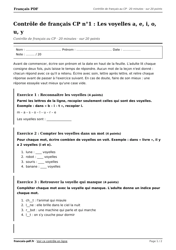 Contrôle de français CP n°1 en PDF