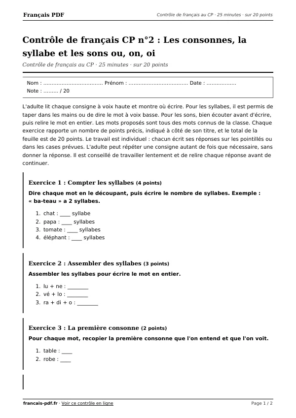 Contrôle de français CP n°2 en PDF