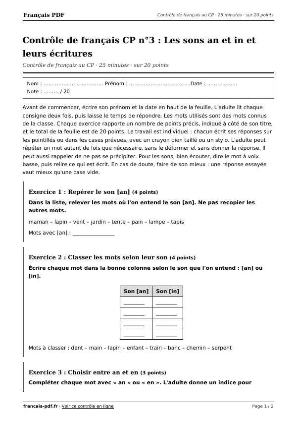 Contrôle de français CP n°3 en PDF