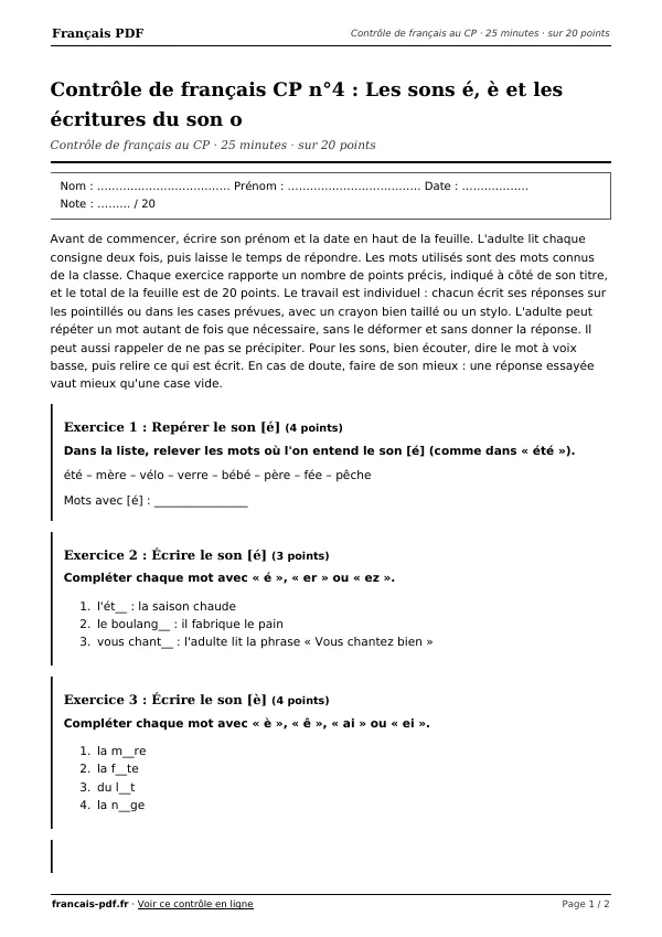 Contrôle de français CP n°4 en PDF