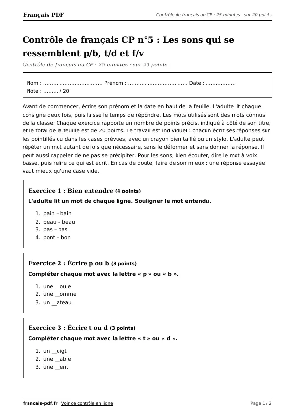 Contrôle de français CP n°5 en PDF