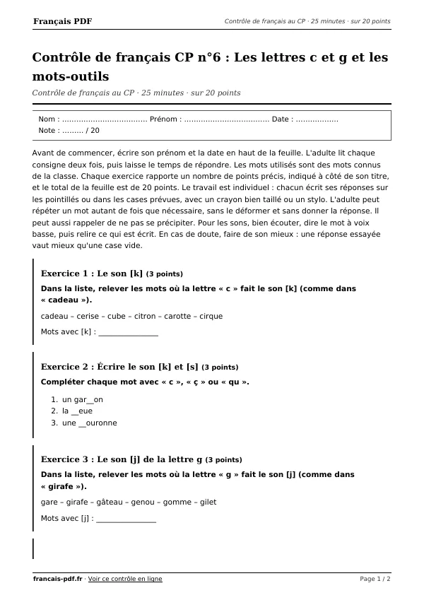 Contrôle de français CP n°6 en PDF