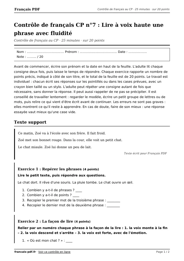 Contrôle de français CP n°7 en PDF