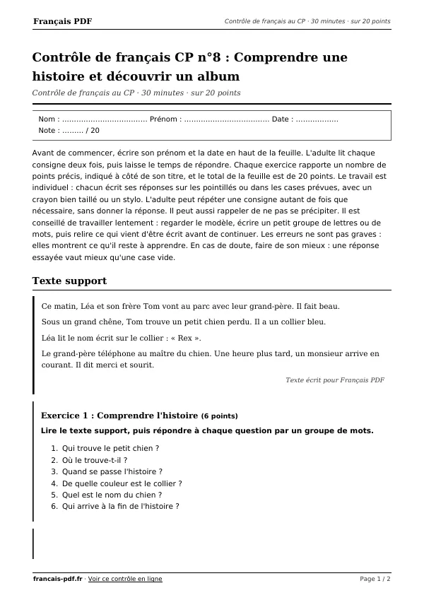 Contrôle de français CP n°8 en PDF