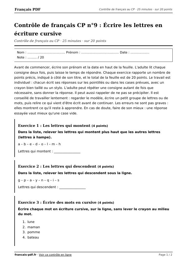 Contrôle de français CP n°9 en PDF