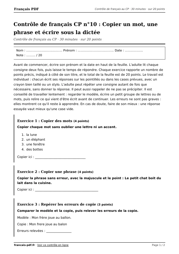 Contrôle de français CP n°10 en PDF