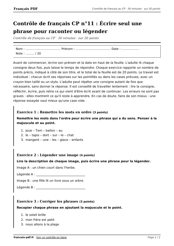 Contrôle de français CP n°11 en PDF