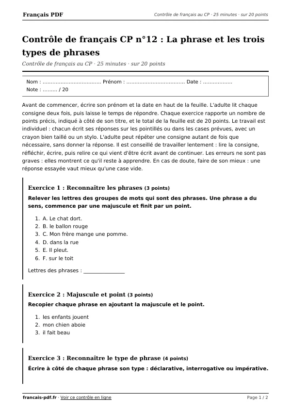 Contrôle de français CP n°12 en PDF