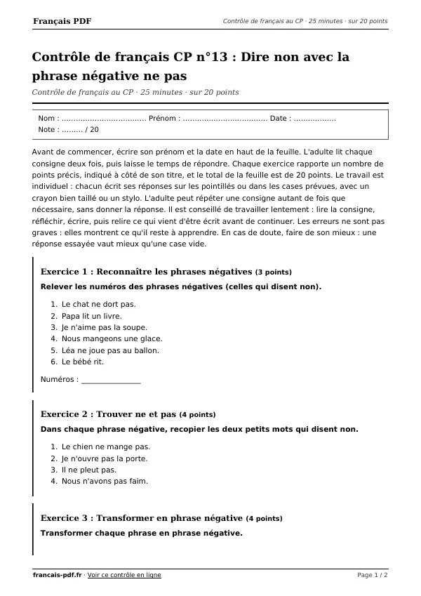 Contrôle de français CP n°13 en PDF