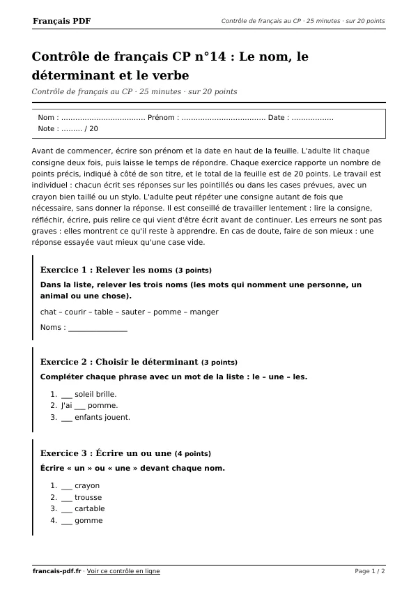 Contrôle de français CP n°14 en PDF