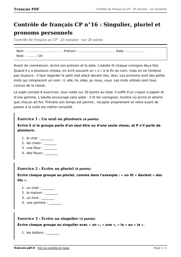 Contrôle de français CP n°16 en PDF