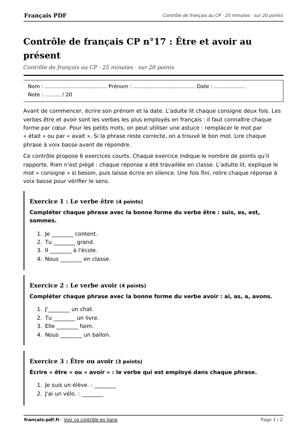 Contrôle de français CP n°17 en PDF