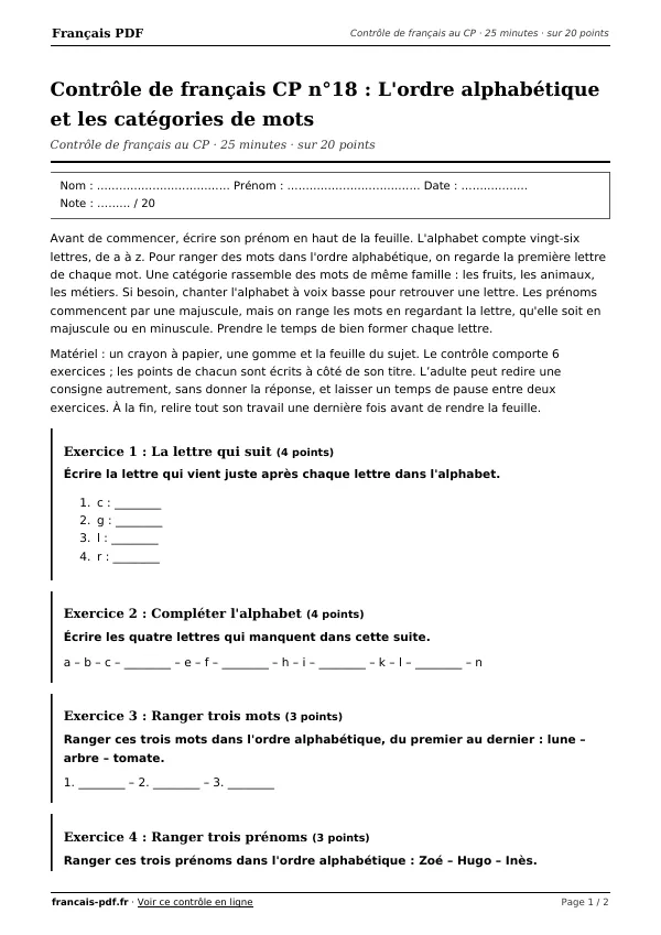 Contrôle de français CP n°18 en PDF