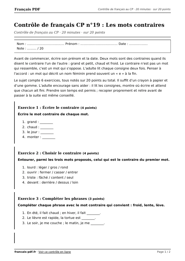 Contrôle de français CP n°19 en PDF