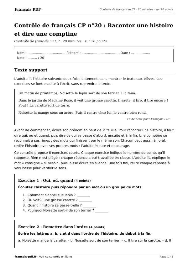 Contrôle de français CP n°20 en PDF