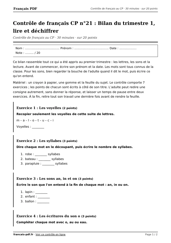 Contrôle de français CP n°21 en PDF