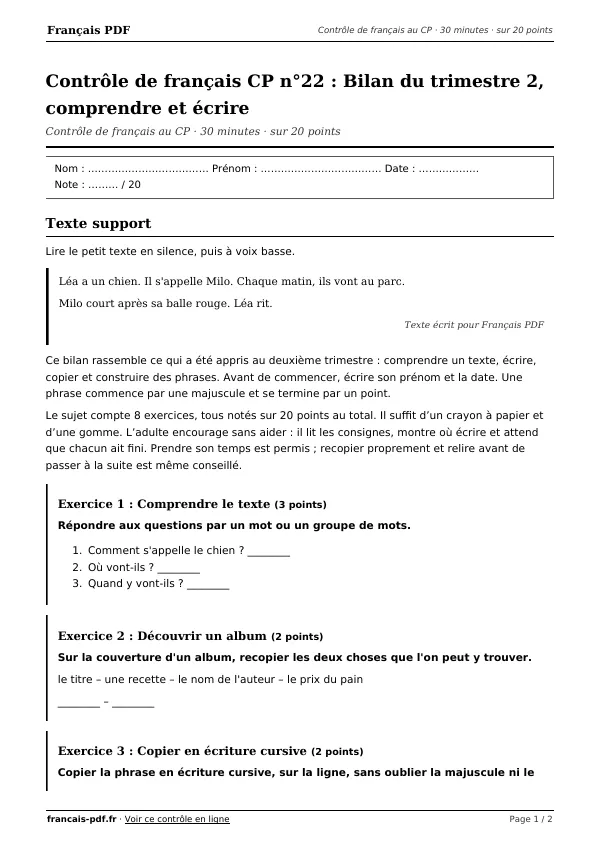 Contrôle de français CP n°22 en PDF