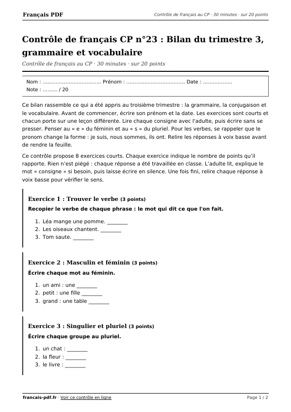 Contrôle de français CP n°23 en PDF