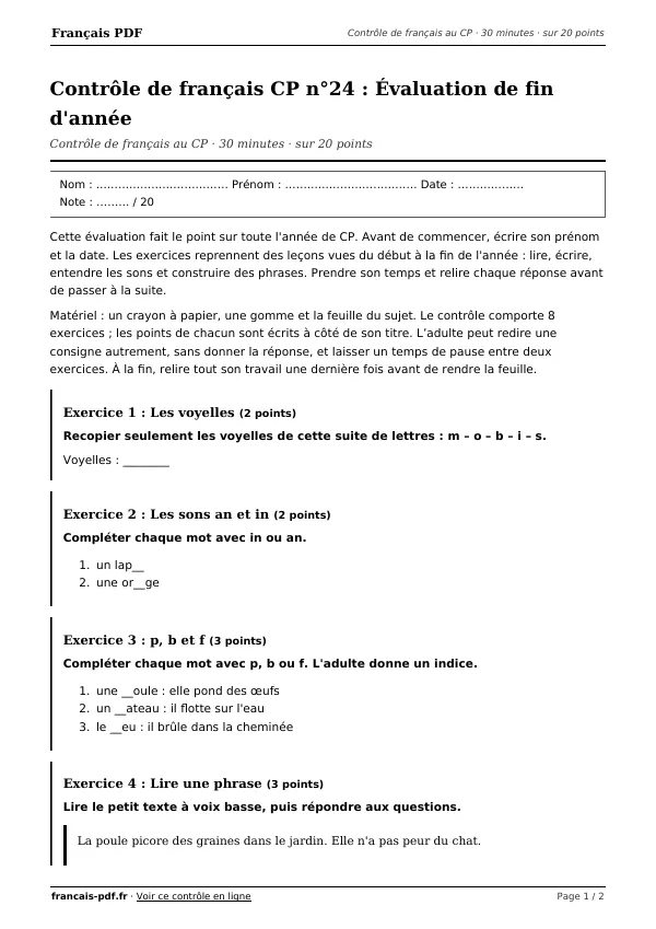 Contrôle de français CP n°24 en PDF