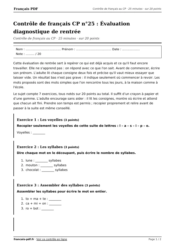 Contrôle de français CP n°25 en PDF
