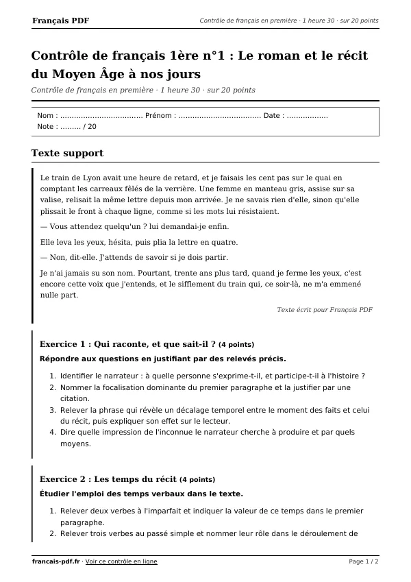 Contrôle de français 1ère n°1 en PDF