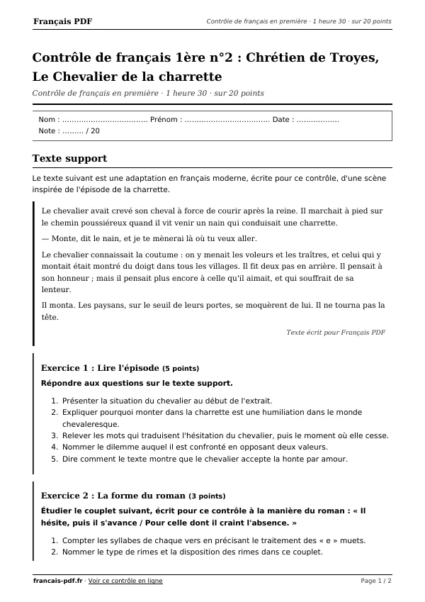 Contrôle de français 1ère n°2 en PDF