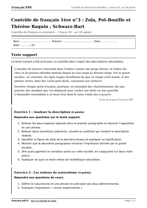 Contrôle de français 1ère n°3 en PDF