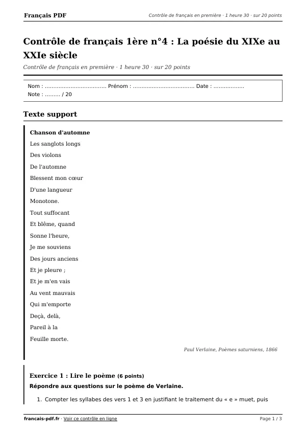 Contrôle de français 1ère n°4 en PDF