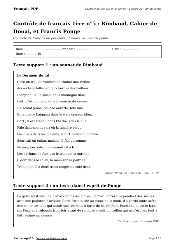 Contrôle de français 1ère n°5 en PDF