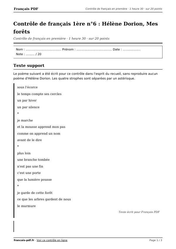 Contrôle de français 1ère n°6 en PDF
