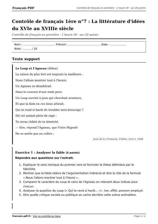Contrôle de français 1ère n°7 en PDF