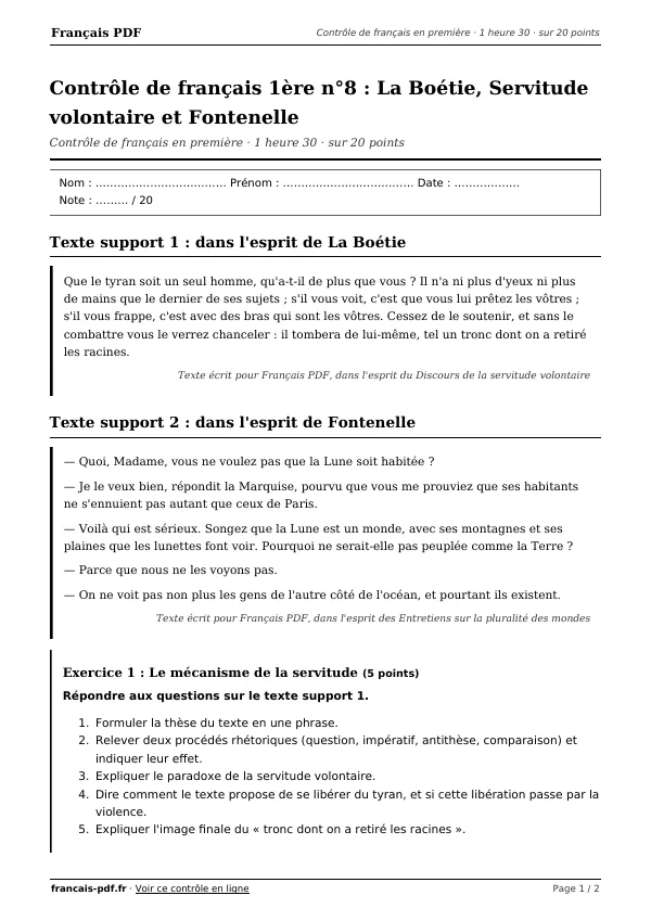 Contrôle de français 1ère n°8 en PDF