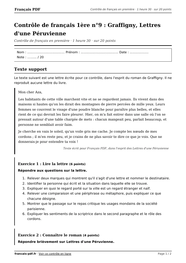 Contrôle de français 1ère n°9 en PDF
