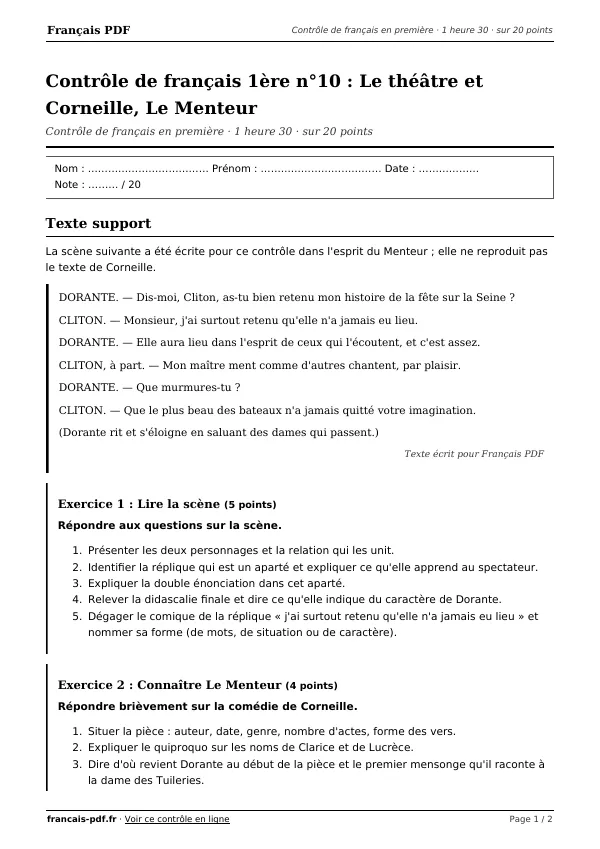 Contrôle de français 1ère n°10 en PDF