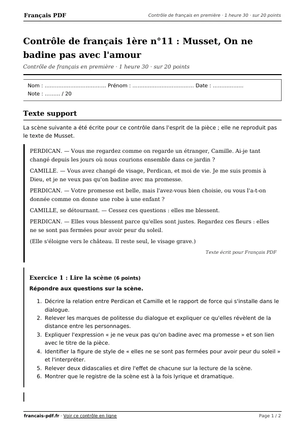 Contrôle de français 1ère n°11 en PDF
