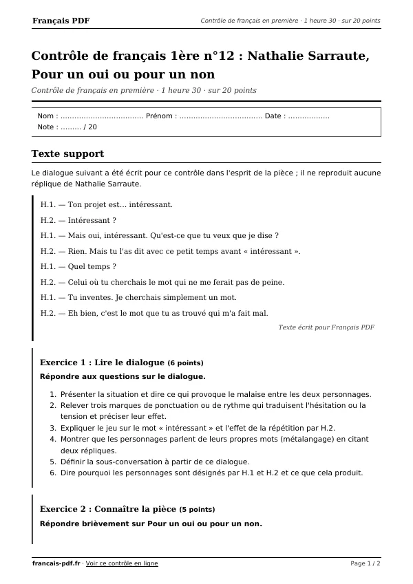 Contrôle de français 1ère n°12 en PDF