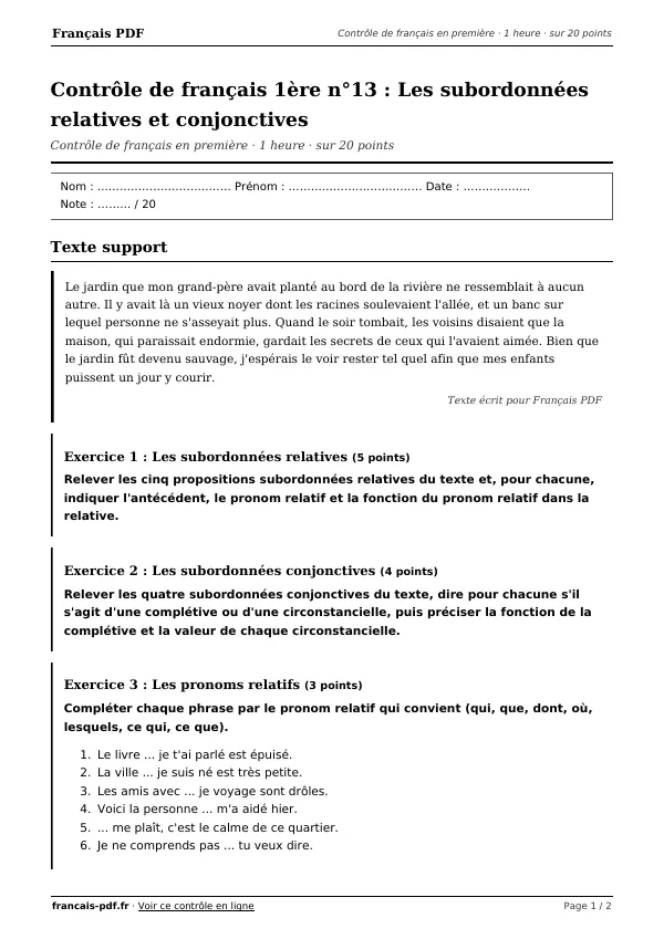 Contrôle de français 1ère n°13 en PDF