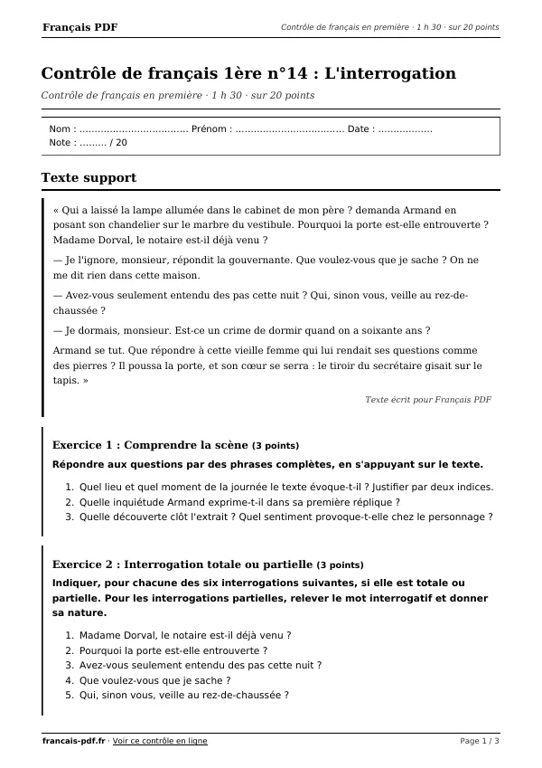 Contrôle de français 1ère n°14 en PDF