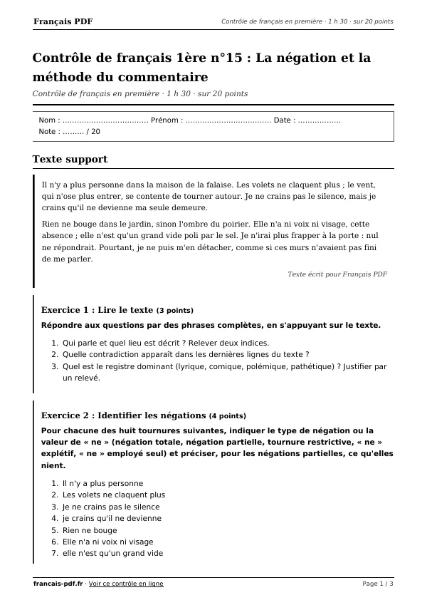 Contrôle de français 1ère n°15 en PDF