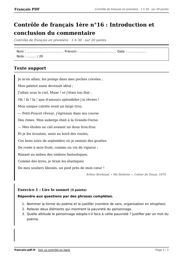 Contrôle de français 1ère n°16 en PDF